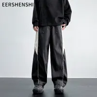 EERSHENSHI กางเกงวินเทจอเมริกัน-กางเกงกีฬาขาตรง-กางเกงขายาว