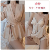 2023 Hot Summer New Ice Silk Three-Piece Set With Chest Pad Push Up Pajamas Ruffled Outerwear Gown Homewear Suit 3555