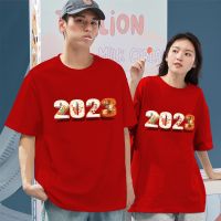 เสื้อยืดผ้าฝ้าย 2023 [S-5XL]ผ้าฝ้าย 100% New Year Women/Men T-shirts Red Short Sleeve Clothes Fashion Tops Clothing T Shirt 2023