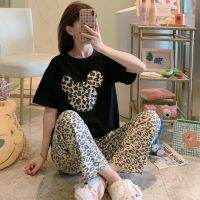 Disney Mickey Mouse Funny Tops and Leopard Pant Pajama Sets for Ladies Soft 2 Pieces Homewear Casual Home Suit for Women Summer