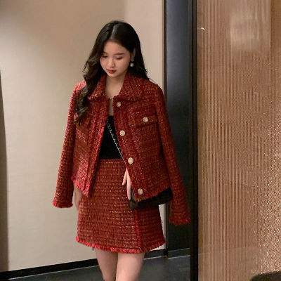 2Pc Small Fragrance Suit Two-piece Tweed Jacket Short Skirt Female Autumn Women Blazer Suit Red Casual Suit