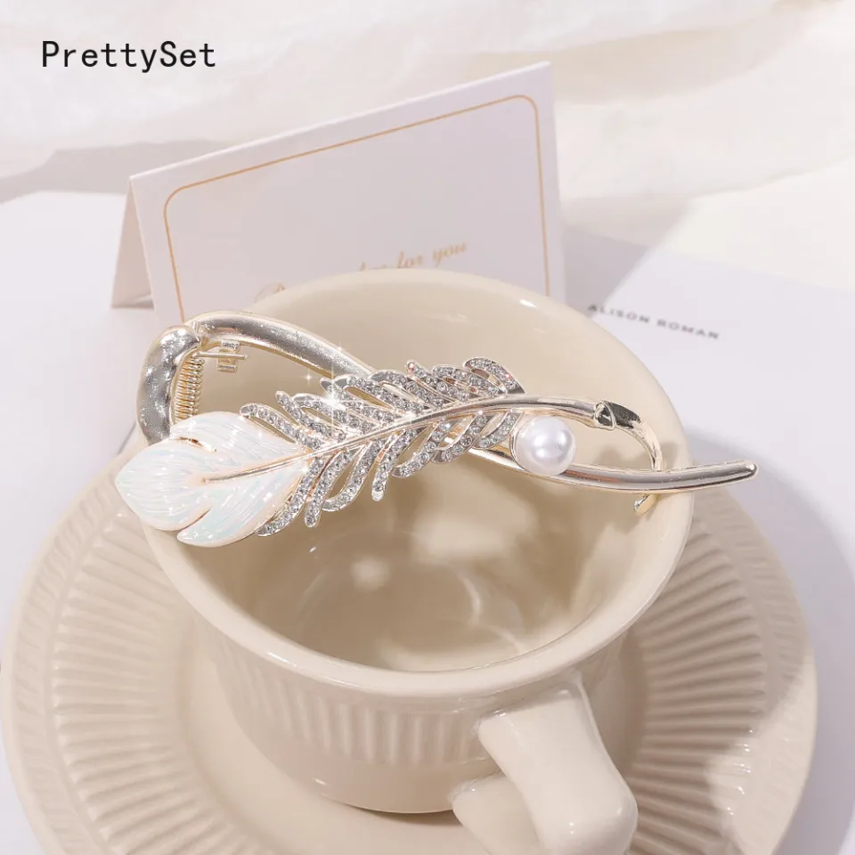 New Fashion feather Hair Claws for Women Frog Buckle grace Pearl Rhinestone  Hairpin ACCESSORI FOR GIRL