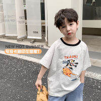 Emo Beibei 2023 Summer Boys Cute Cartoon Short-Sleeved T-Shirt Baby Korean-Style Color Contrast Round Neck Loose Top