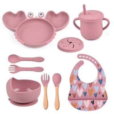 9Pcs Baby Silicone Non-Slip Suction Bowl Plate Spoon Waterproof Bib Cup Set Baby Crab Dishes Food Feeding Bowl for Kids BPA Free