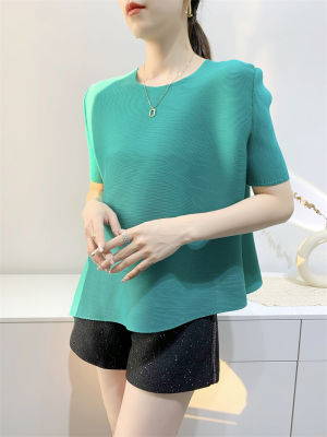 Womens New Style Short Sleeve Irregular Loose Pleated T-shirt