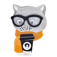 Wuli&amp;baby Acrylic Grey Hair Cat Brooches For Women Unisex Lovely Take Drink Beverage Pets Animal Brooches Pins Gifts Cups  Mugs Saucers