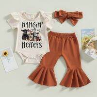 Summer Newborn Baby Girls Clothing Sets 0-18M Cattle Letter Print Short Sleeve Bodysuits+Flare Long Pants+Headband 3pcs Suits  by Hs2023