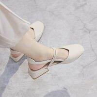 {shoe shop} Apanzu New2021ผู้หญิงนอกรองเท้าแตะผู้หญิงเซ็กซี่ PUClosed ส้นต่ำแคบวงรองเท้าผู้หญิงกลางส้นสีเบจ