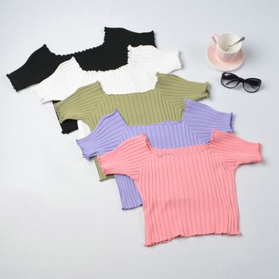 ❆● T Shoulder Knit Crop Outwear Fashion Short Sleeve Shirts Bodycon Tees