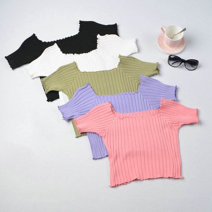 t-shoulder-knit-crop-outwear-fashion-short-sleeve-shirts-bodycon-tees