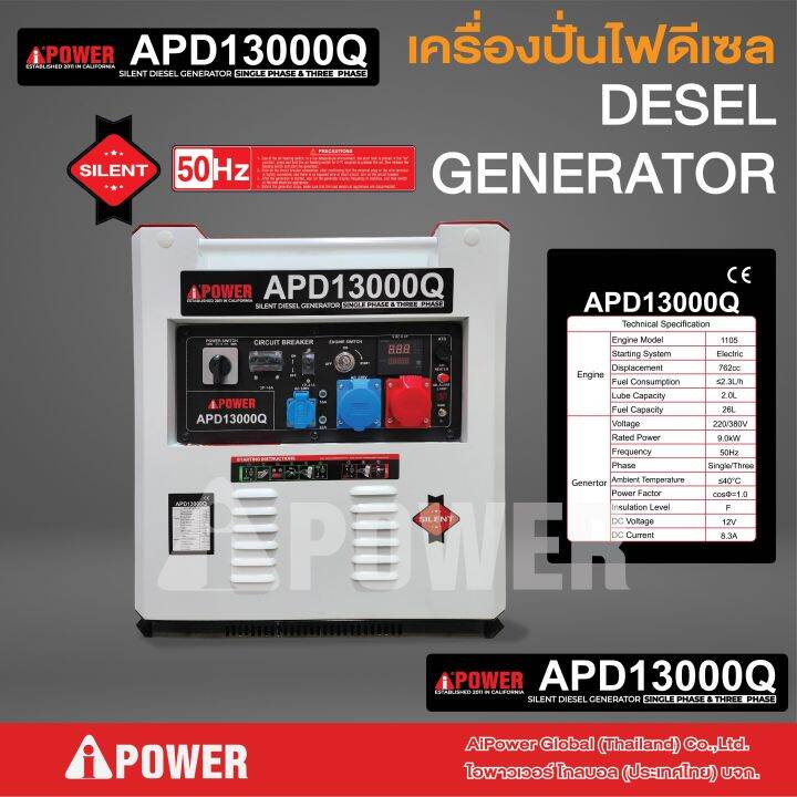 Aipower เครื่องปั่นไฟดีเซล 16 แรงม้า รุ่น APD13000Q Lazada.co.th