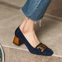 New Womens Faux Suede Fringed Pumps Metal Mid Heels Boat Shoes Wood Grain Heel Slip on Dress Shoes Office Zapatos Mujer 1190N