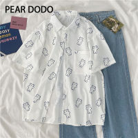 PEAR DODO เสื้อคาร์ดิแกนผ้าชีฟองปกสั้นแขนลายการ์ตูนเกาหลีสำหรับผู้หญิง