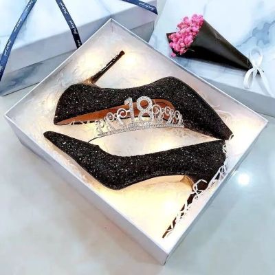 Sexy Pumps Women Shoes Wedding Shoes New Pointed Stiletto High Heel Crystal Shoes Bridesmaid Bride Silver Sequin Dress Shoes