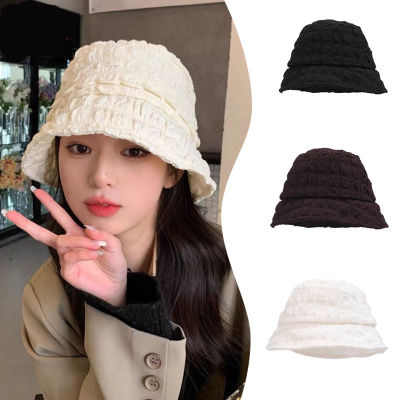 [Lady Sugar] หมวกถังผ้าอัดจีบจีบผู้หญิงหมวกป้องกันแสงแดดในฤดูร้อนหวานสไตล์เกาหลีหมวกบังแดดเท่