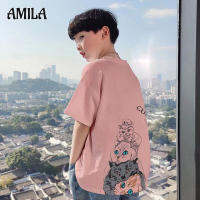 AMILA Boys เสื้อยืดแขนสั้นลายลูกแมวสำหรับฤดูร้อน,เสื้อฮิปสเตอร์ญี่ปุ่นแบรนด์ใหญ่ปานกลางใส่ได้หลายโอกาสเสื้อครึ่งแขน