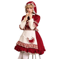 ชุดฮาโลวีนหนูน้อยหมวกแดง การแสดงละครเวทีวันเด็ก Lolita Soft Girl Style Lattice Little Red Riding Hood