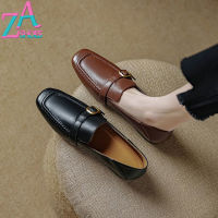 ZAZA รองเท้าหนังสำหรับผู้หญิงส้นเตี้ยสีดำ,รองเท้าหนังหุ้ม MODE Korea รองเท้าส้นเตี้ยรองเท้าสำหรับทำงานสไตล์ใหม่2023