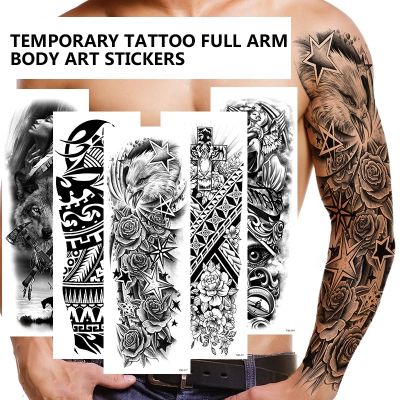 hot！【DT】◇☏  Fake Tatoo Tiger Wolf Flowers Large Arm Sticker Sleeve Semi Permanent Man