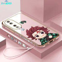 ZeroQiQi เคสโทรศัพท์สำหรับ Honor 90 5G 90 Lite 5G ฟรีสายคล้องอนิเมะสังหารปีศาจ Tanjirou เคสชุบลายขอบสี่เหลี่ยมเคสโทรศัพท์เคสโทรศัพท์นิ่มชุบหรูหรา