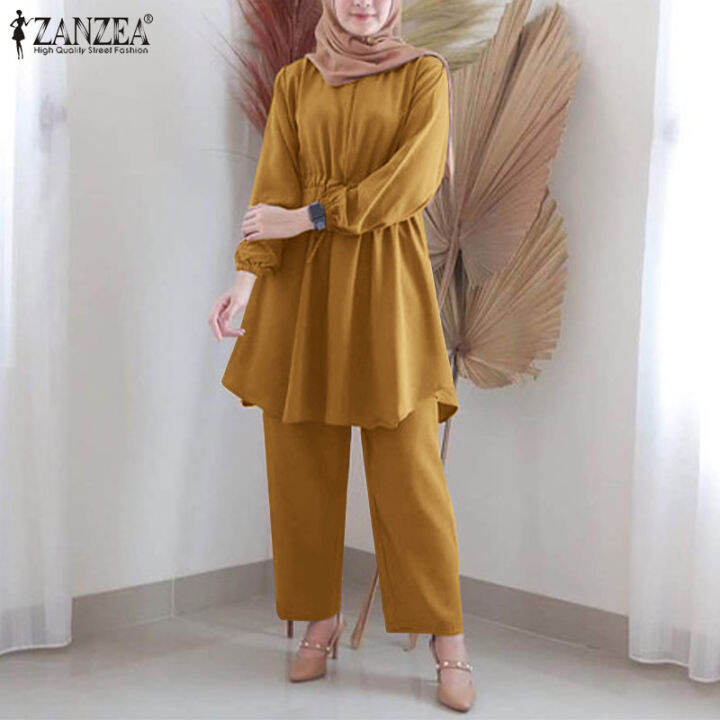 momonaco-zanzea-muslimah-womens-muslim-ismaic-outfits-puff-long-sleeve-a-line-blouse-elastic-wist-pants-suit-2pcs