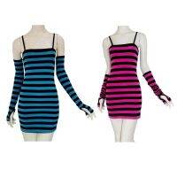 【Ladies shop】 MXMB Women Gothic Punk Spaghetti Strap Striped Print BodyconCamiswith Arm SleevesOff Shoulder Contrast