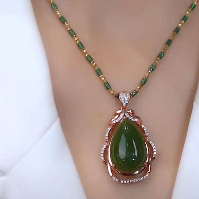 925 sterling silver lucky flower pendant for women Hotan Jade jasper apple green jade inlaid necklace with advanced design FBHR