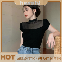 hanshi [2023 new HOT FASHION] lazlook เสื้อยืดคอกลมแขนสั้นเข้ารูปสำหรับผู้หญิงเสื้อยืดเข้ารูปสีพื้นพิมพ์ลายแบบตาข่ายเซ็กซี่ฤดูร้อน