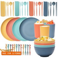 Wheat Straw Bowl Saucers 32-Piece Tableware Set Portable Knife Fork and Spoon Chopsticks Microwaveable Tableware Set