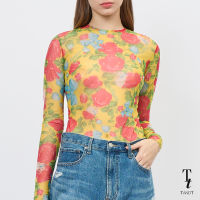 TandT - TESSIE Top - MIFFY IN A GARDEN PRINTED LONG SLEEVES TULLE TOP  เสื้อเข้ารูปคอกลมแขนยาว ผ้าตาข่ายเนื้อละเอียด พิมพ์ลายดอกกุหลาบ