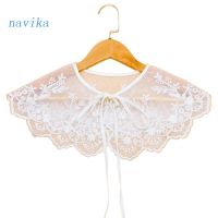 NAV Women Vintage Sweet Embroidery Floral Lace Fake False Collar Shawl See-Through Mesh Wave Trim Lace-Up Bowknot Scarf