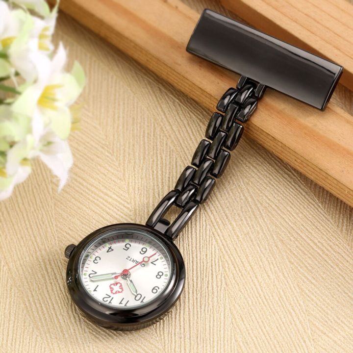 นาฬิกาควอทซ์พยาบาลนาฬิกาขนาดเล็กเข็มกลัดแบบพกพาสีดำนาฬิกาพยาบาลสว่างเป็นจี้ติดหน้าอกรูปตัวที