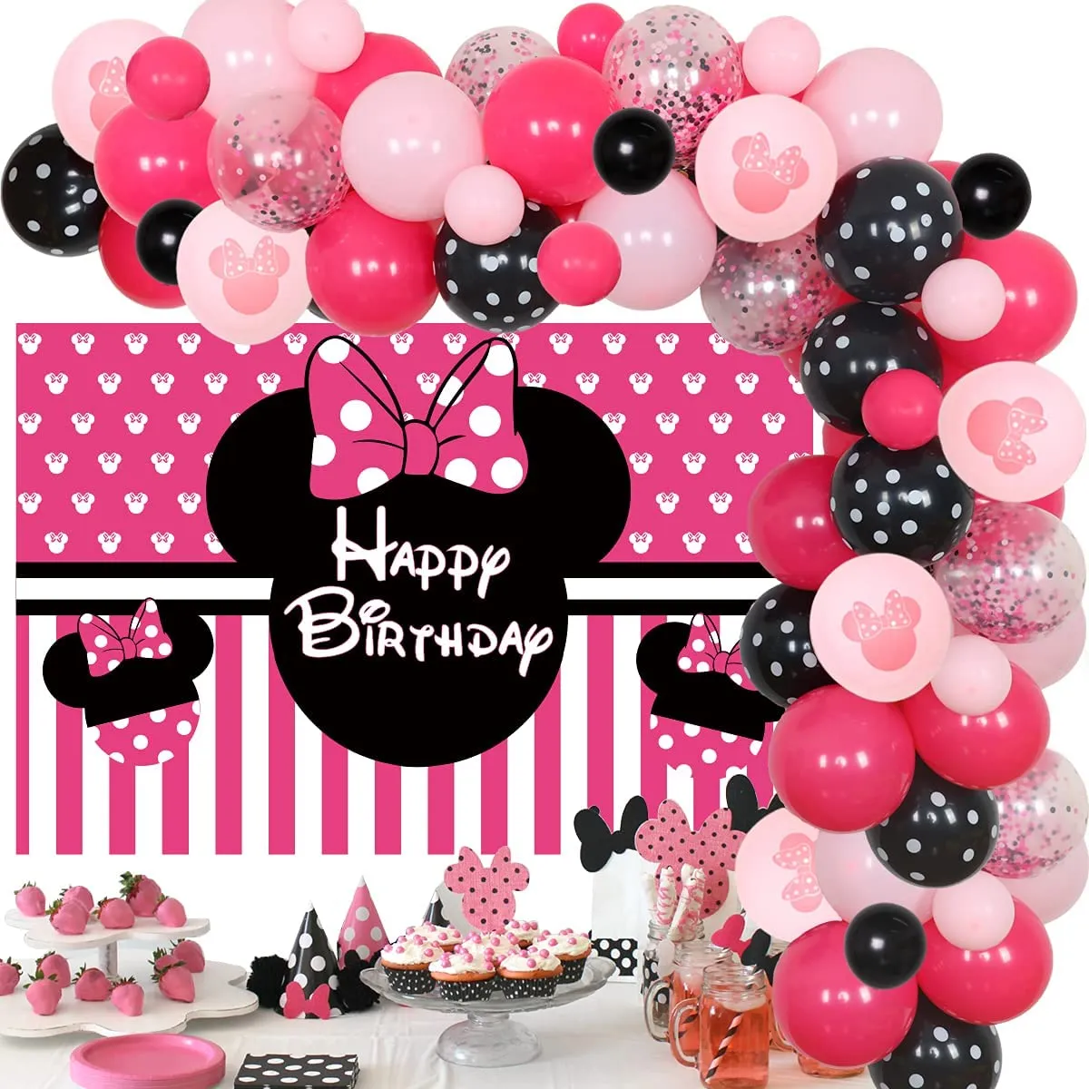 CHEEREVEAL Mouse Mouse Themed Birthday Party Supplies Rose Red Pink Black  Balloon Garland Arch Kit with Mouse Happy Birthday Backdrop for Girls 1st  2nd 6 Months Bday Party Decorations | Lazada PH