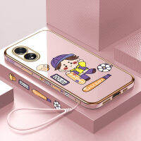 เคสใส่โทรศัพท์สำหรับ OPPO ฟรีสายคล้อง A38 A18 + การ์ตูนฟุตบอลเบสบอลสเก็ตบอร์ดกีฬาเด็กผู้ชายเคสขอบสี่เหลี่ยมลายเคสโทรศัพท์นิ่มชุบหรูหราเคสโทรศัพท์