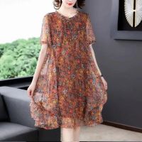 Summer New Mother Dress 2023 Fashion Short Sleeve Floral Print A-line Dress Large Size Middle-aged Womens Gauze Dresses Vestido