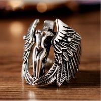 {BUSA Fashion Accessories} Retro Thai Silver Guardian Angel บุคลิกภาพ Cross โอ้อวด Wing แหวนผู้ชาย39; S Domineering แหวนเครื่องประดับ