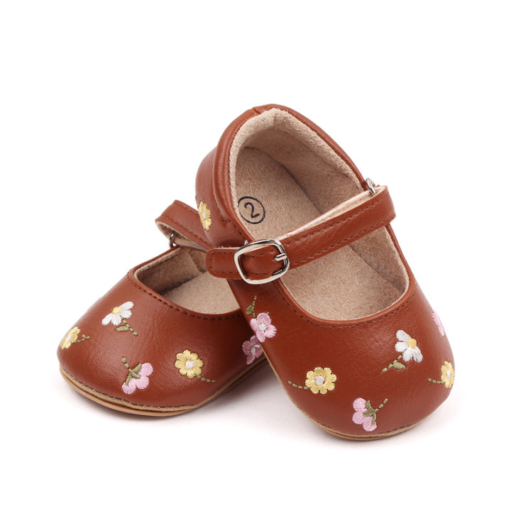 รองเท้าส้นแบนสำหรับเด็กทารกผู้หญิงรองเท้าเจ้าหญิงปักลายดอกไม้ทำจากหนัง-pu-รองเท้าชุดเดรส