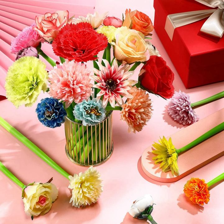 24-pcs-flower-pens-various-colors-daisy-rose-carnation-ballpoint-pen-novelty-artificial-rose-pen-0-5mm-black-ink-pen