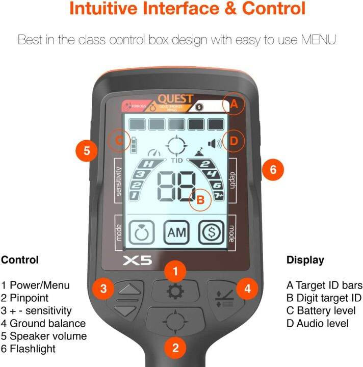 เครื่องตรวจจับโลหะ-quest-x5-metal-detector-เครื่องหาทอง-เครื่องตรวจจับโลหะใต้ดิน-จานลงน้ำได้-ของแท้จากอเมริกา