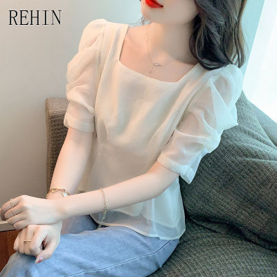 REHIN Women S Top Summer New Korean Version All-Match Short Sleeve Shirt Mesh Square Collar Elegant Blouse