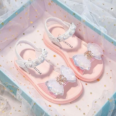 PU Leather Princess Sandals For Girls Rhinestone Diamond Bow Fashion Birthday Party Shoes For Teenage Travel Beach Footwear