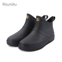 Rouroliu Mens Fashion Ankle Work Boots Short Slip-on Waterproof Rain Boots PVC Fishing Water Shoes