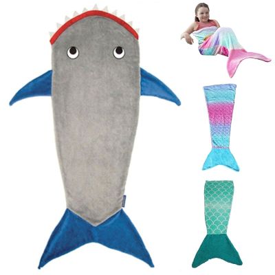 Children Shark Sleeping Bag Ultra-soft Fluffy Flannel Fishtail Blanket Kids Boys Girls Wearable Sleepsack