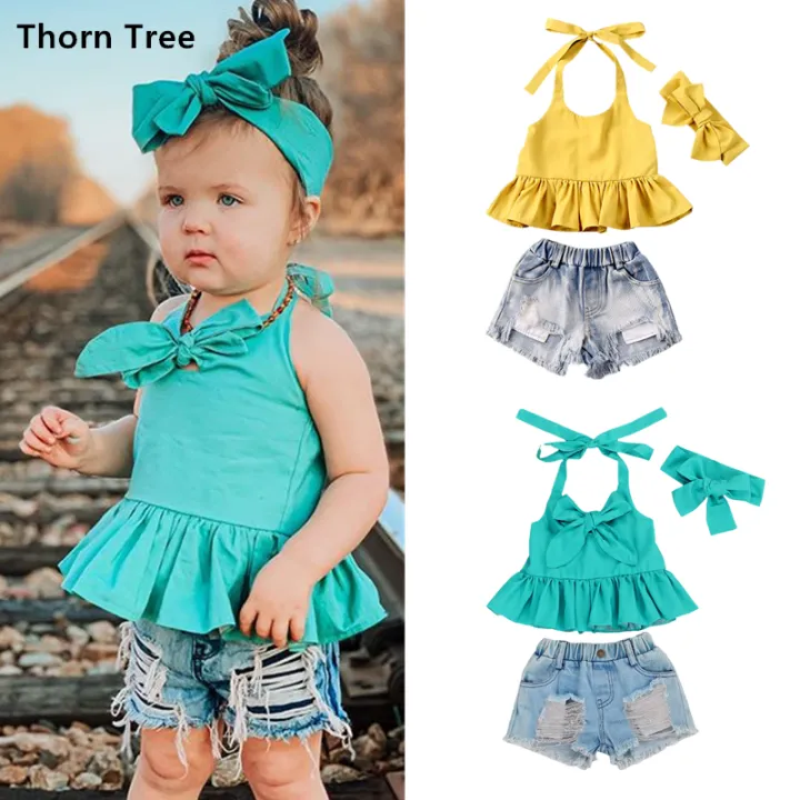 Thorn Tree 2Pcs Baby Girl Clothes Sets Sleeveless Shirt Top + Denim Shorts  + Yellow Headband Outfits Suit | Lazada PH