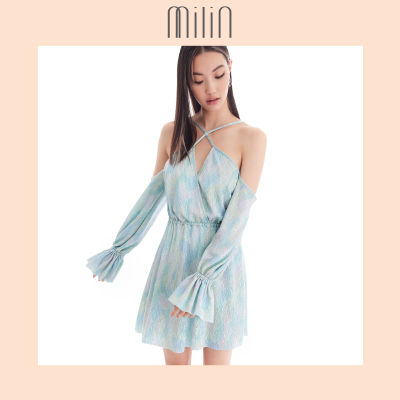 [MILIN] Crisscross v neck cowl open shoulder dress with long bell sleeves เดรสสั้นคอวีไขว้ แขนกระดิ่งยาว เปิดไหล่ถ่วง ผ้ายืดทอกลิตเตอร์สีพาสเทล Adella Dress สีฟ้า/ สีชมพูม่วง