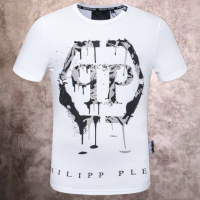 PHILIPP PLEIN เสื้อยืดแฟชั่นของผู้ชายแกนสั้น,เสื้อยืดพิมพ์ตัวอักษรพลอยเทียมไซส์ใหญ่ของคอกลมผู้ชาย