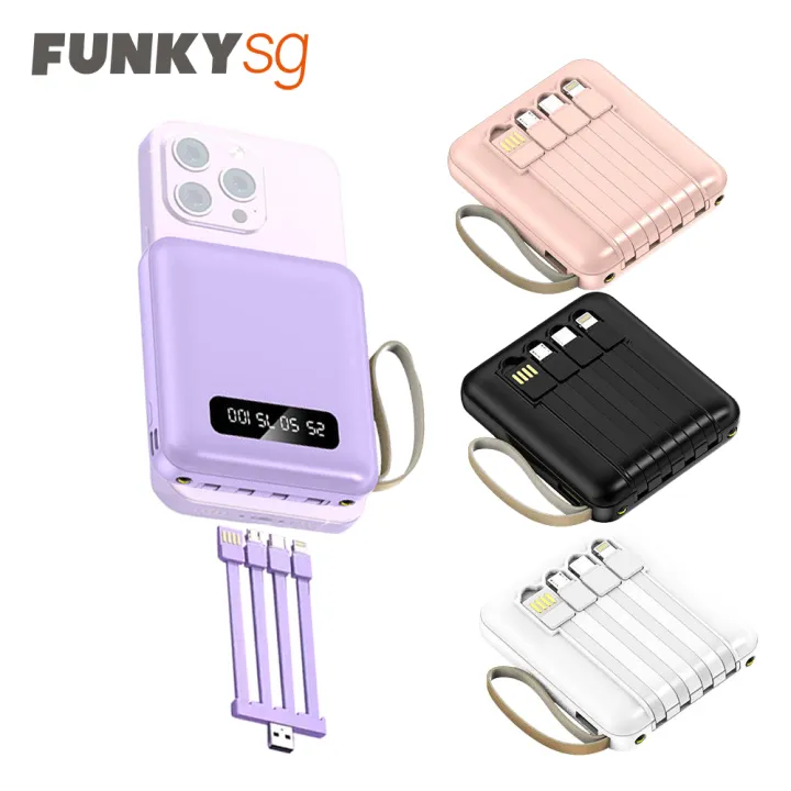 PRE ORDER Mini Power bank 20000mAh with 4in1 DETACHABLE Cables Micro, Type C and Lightning Powerbank with LED Torch Light