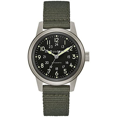 Bulova Mens Military Heritage Hack Veterans Watchmaking Initiative Watch in Stainless Steel with 3-Hand Automatic, Black NATO Leather Strap Style: 96A259