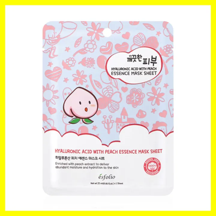 esfolio-pure-skin-hyaluronic-acid-with-peach-essence-mask-sheet-25ml-แผ่นมาสก์หน้า-พีช-มะเขือเทศ-ทับทิม-ซีบัคธอร์น-และไฮยาลูรอน