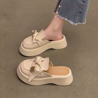 ☌ Womens Platform Sandals Flip Flop Thick Bottoming Half Slippers Womens 2023 Summer New Korean Style Bow Retro Mid-heel Sandals